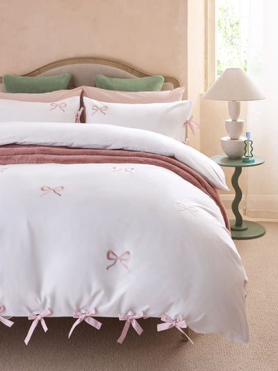 White and Pink Bow Embroidered Duvet Cover and Pillowcase Set