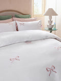 White and pink bow embroidered duvet cover and pillowcase set, imported from the UK