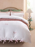 White and pink bow embroidered duvet cover and pillowcase set, imported from the UK