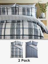 2 Pack Navy Blue Check Reversible Duvet Cover and Pillowcase Bedding Set