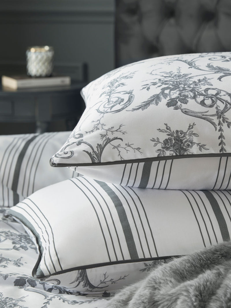 Laura Ashley Grey Charcoal Reversible 100% Cotton Sateen 200 Thread Count Tuileries Duvet Cover and Pillowcase Set