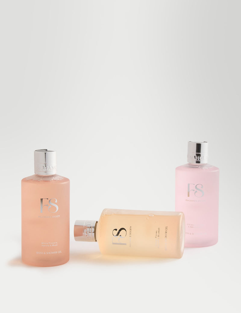 Fragrance Society Bath and Shower Gel Trio with three floral scents - British product