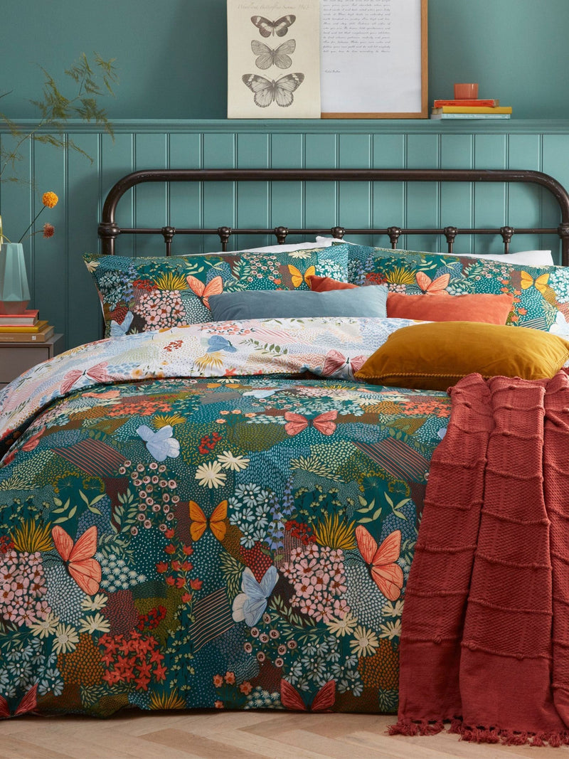 Furn teal blue forage reversible floral duvet cover and pillowcase set - British product