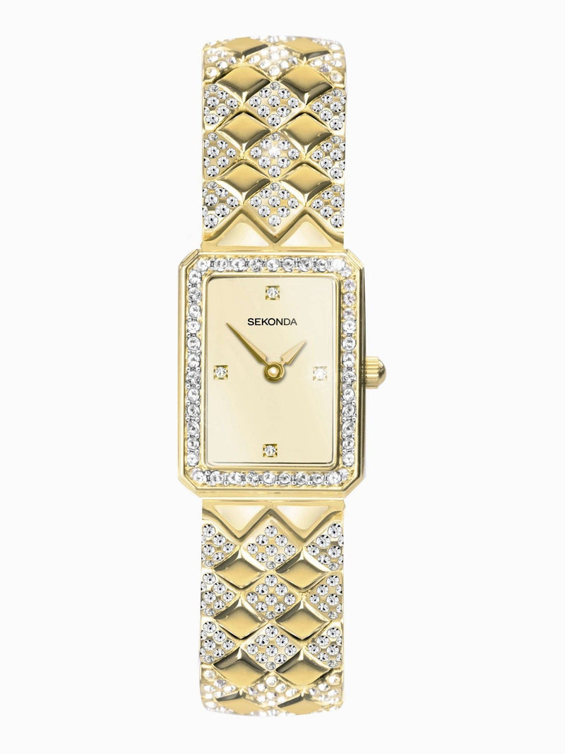 Ladies Gold Tone Stone Set Watch with Quilted Bracelet and Black Dial