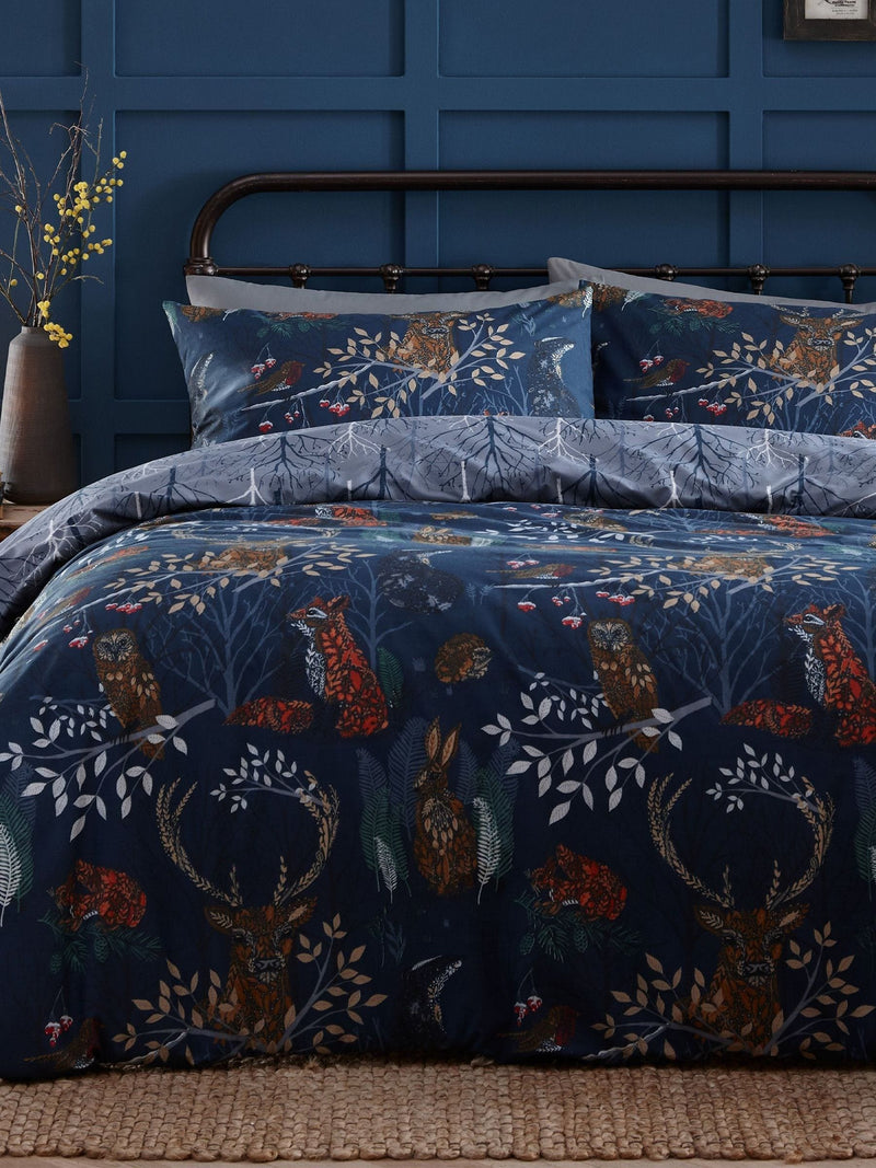 Blue Fauna Printed Woodland Reversible Duvet Cover and Pillowcase Set - British product