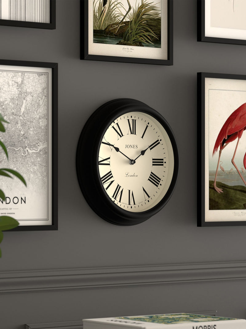Jones Clocks black Roman numeral wall clock 30.5cm, UK version