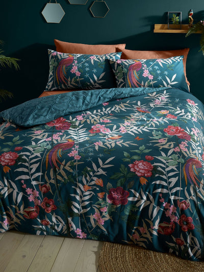Catherine Lansfield Green Tropical Floral Birds Duvet Cover and Pillowcase Set