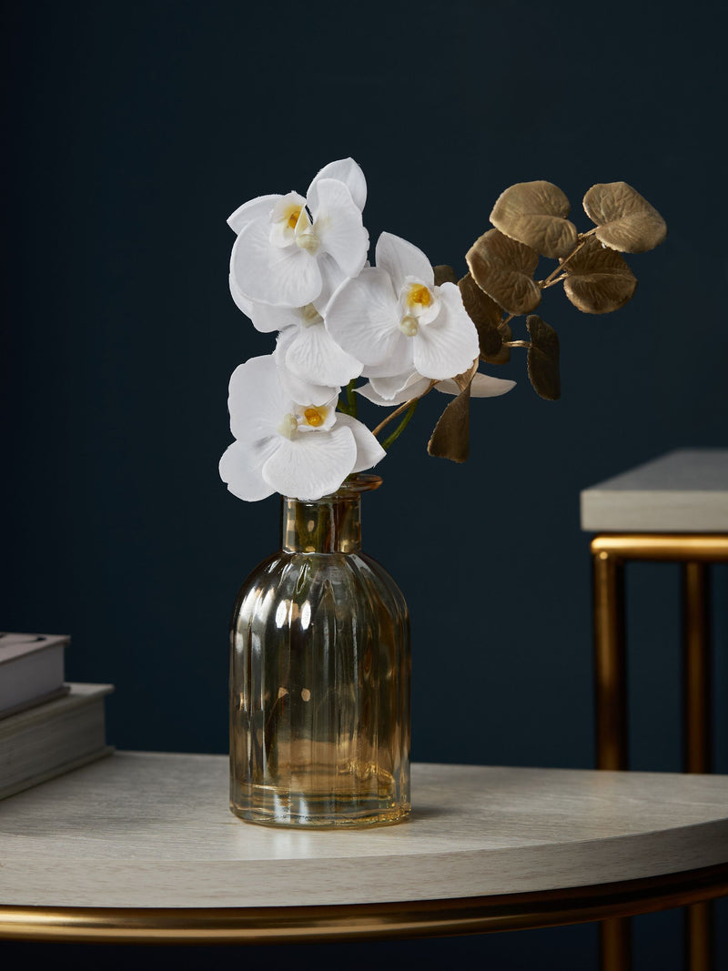 White real touch artificial orchid in gold lustre vase 30cm height (British brand)