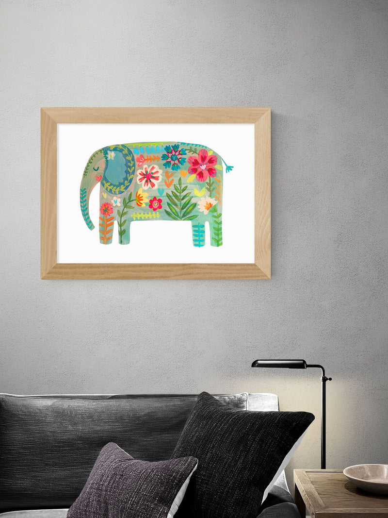 East End Prints White Floral Elephant framed print - British product
