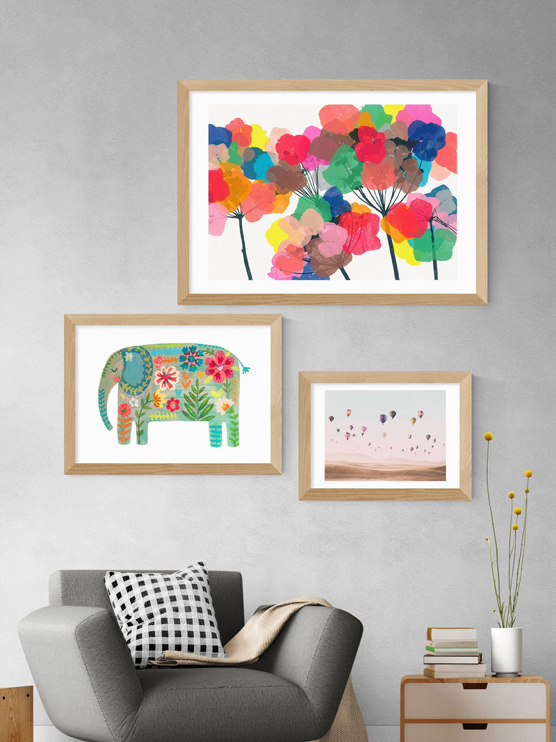 East End Prints White Floral Elephant framed print - British product
