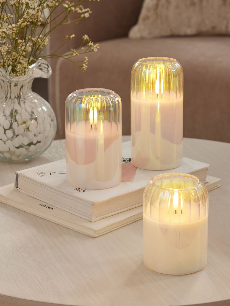 Set of 3 unscented LED pillar candles with glass ribbed cases, 15cm height, UK version
