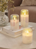 Set of 3 unscented LED pillar candles with glass ribbed cases, 15cm height, UK version