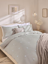 Grey 100% Cotton Heart Tuft and Embroidery Duvet Cover Set