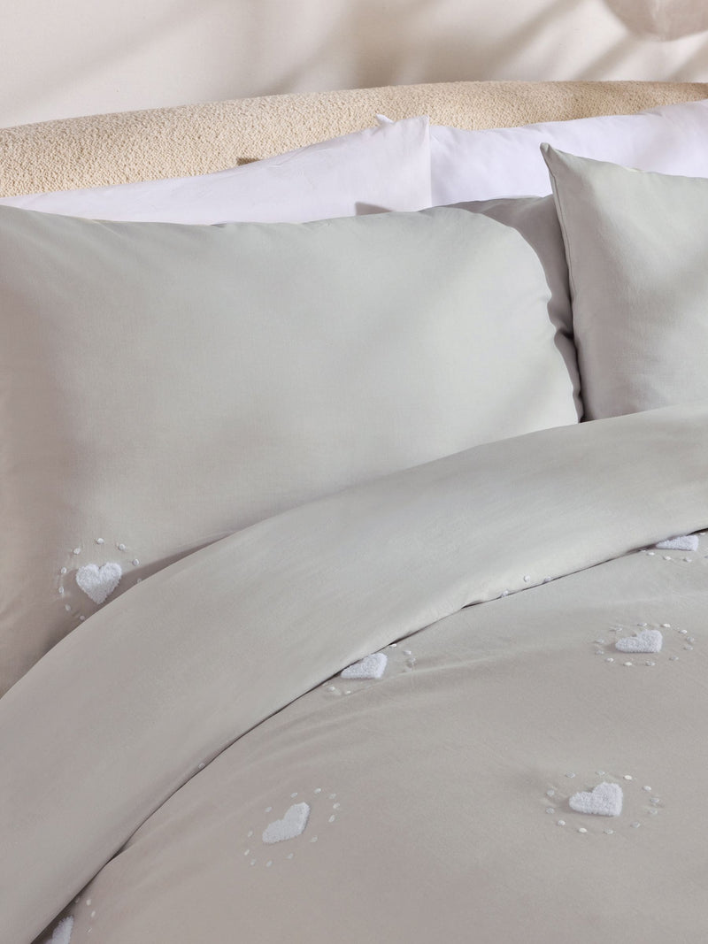 Grey heart tuft and embroidery duvet cover set, UK version