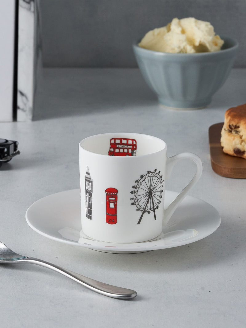 Victoria Eggs Red and Charcoal London Skyline Set of 2 Espresso Cup & Saucers