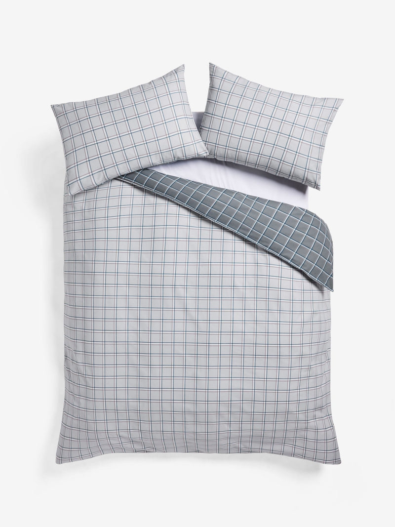 Grey reversible check duvet cover and pillowcase set, UK version