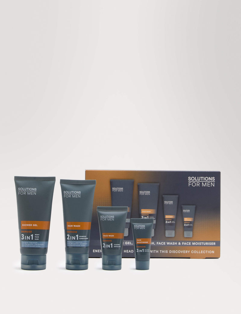 ENERGISE Discovery Set men's grooming kit with shower gel, hair wash, face wash, and moisturiser - British product