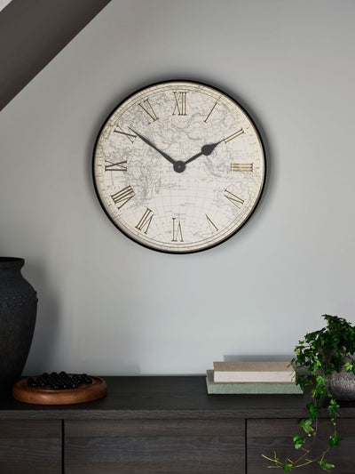 Black Map Print Wall Clock 50cm