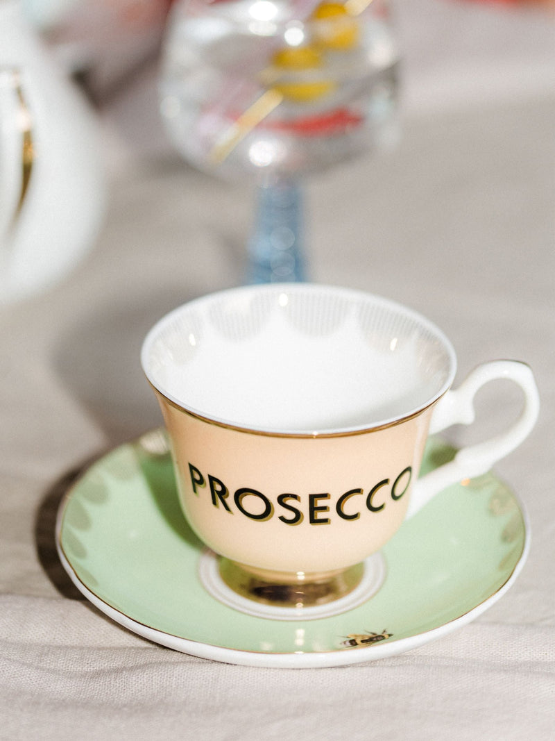 Yvonne Ellen Multi Boozy Prosecco teacup and saucer 8cm height (British brand)