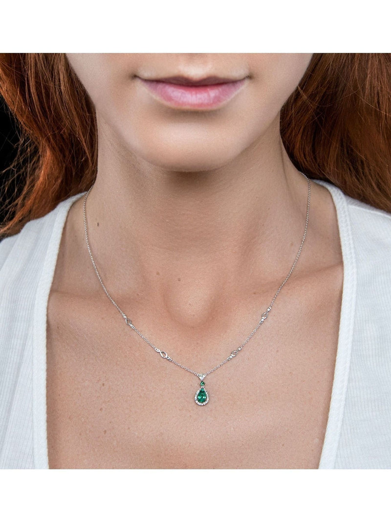 9K White Gold Emerald and Diamond Tear-Drop Pendant Necklace with Adjustable Silver Chain