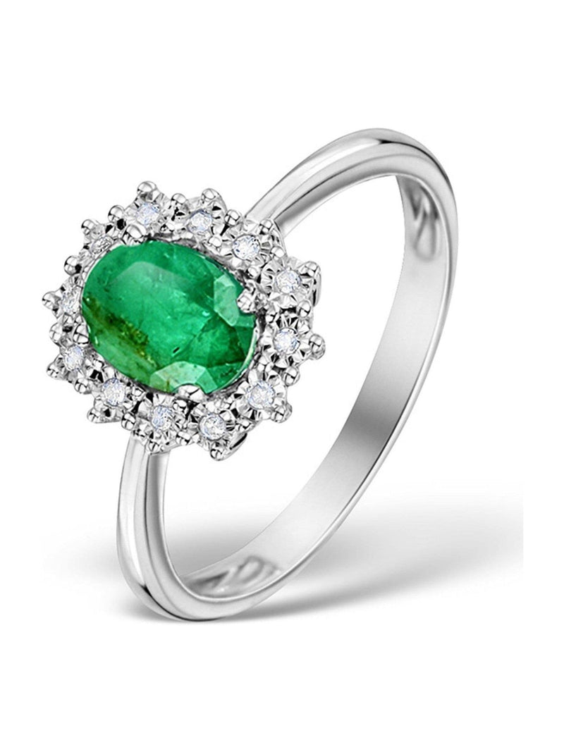 Sterling Silver Emerald and Lab-Grown Diamond Halo Ring 7 x 5mm