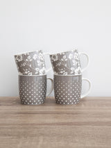 Kitchencraft Set of 4 Grey Floral Polka Dot Ceramic Coffee Mugs 425ml