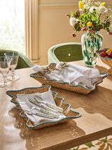 Nina Campbell Set of 2 Natural Teal Rattan Scalloped Edge Trays