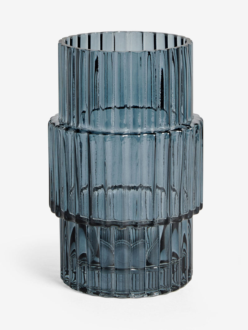 Blue small ribbed glass vase 18cm height - British product