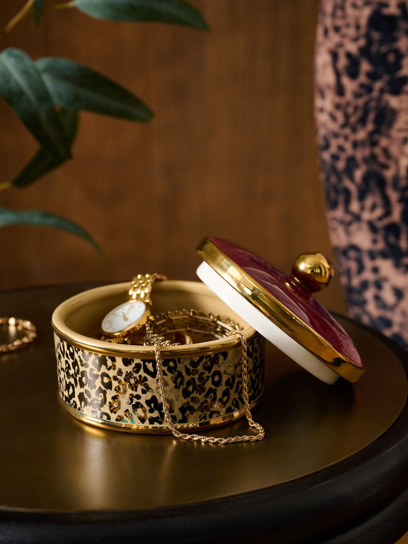 Ceramic trinket pot with leopard print, 11cm height, imported from the UK