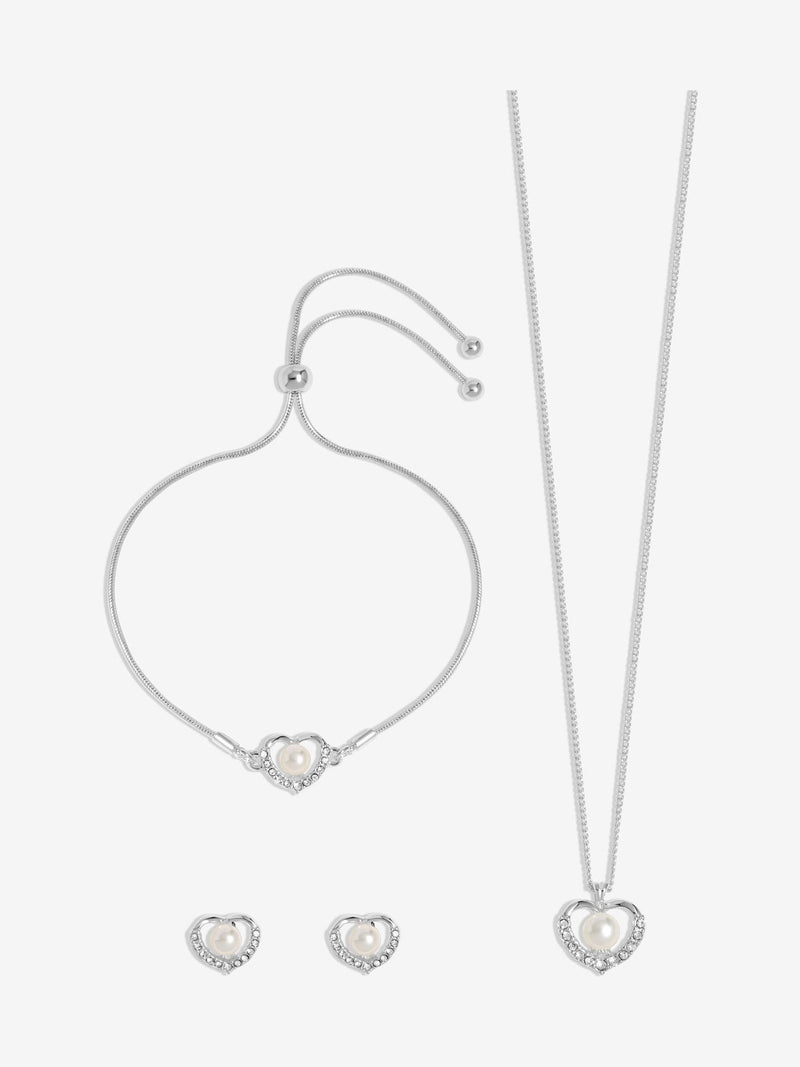Jon Richard silver tone pearl crystal heart trio jewellery set, UK version