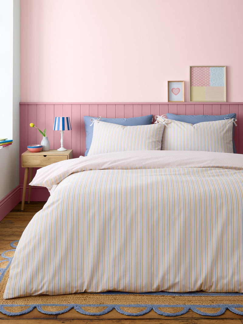 Catherine Lansfield pastel stripe duvet cover set with bow ties - British product
