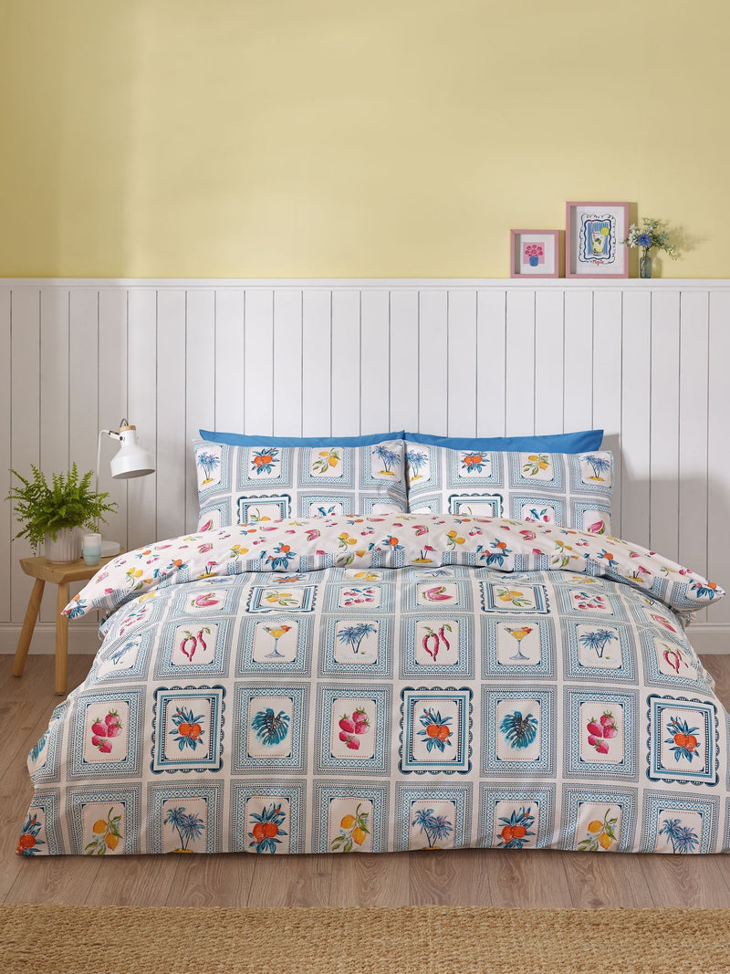 Catherine Lansfield Blue Riviera Tiles Reversible Duvet Cover Set - British product