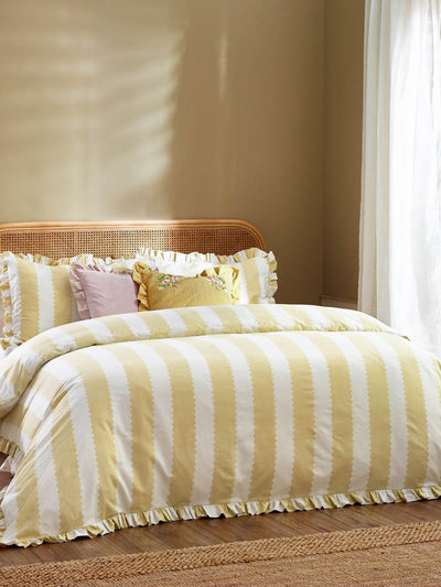 Wylder Butter Yellow Birdie Stripe Ruffle Duvet Cover and Pillowcase Set