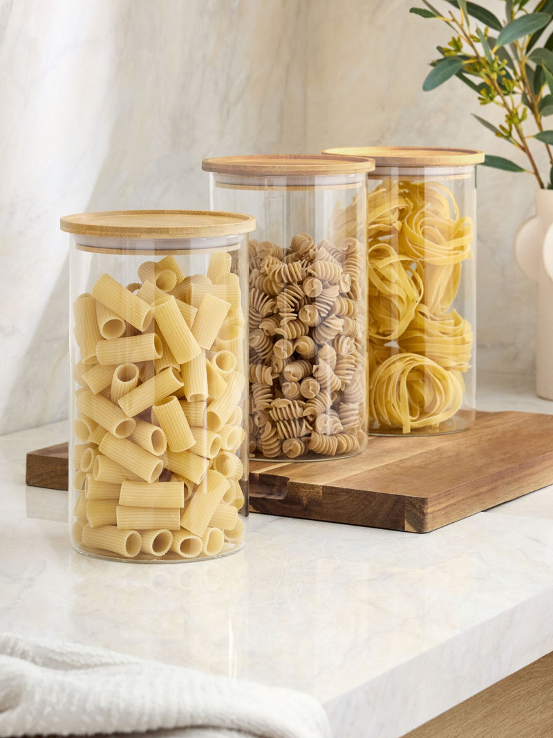 Clear glass storage jars set of 3, 21.5cm x 13cm x 13cm (British brand)