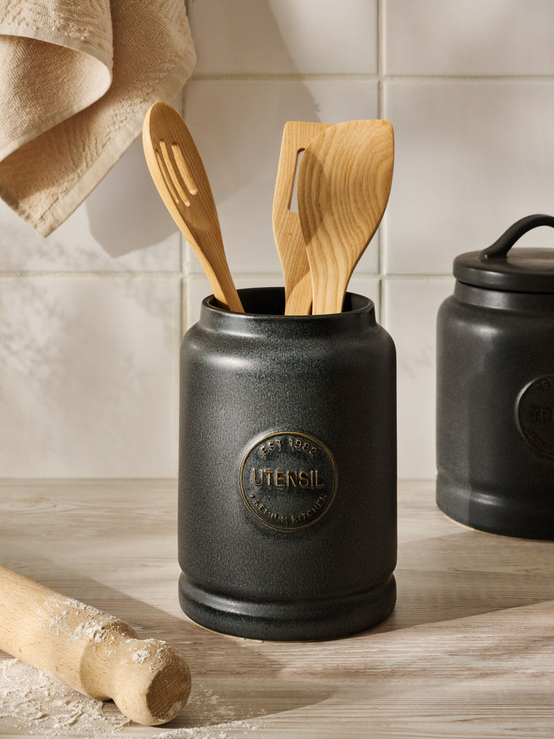 Black ceramic utensil pot with country badge design - British product