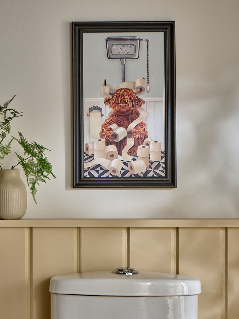 Hamish The Highland Cow On The Loo wall art 40cm x 23cm, imported from the UK