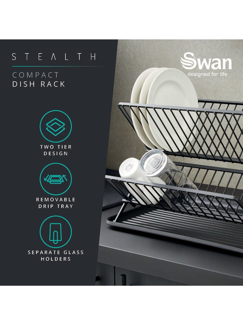 Swan Black Collapsible Dish Rack with Removable Drip Tray (British brand)