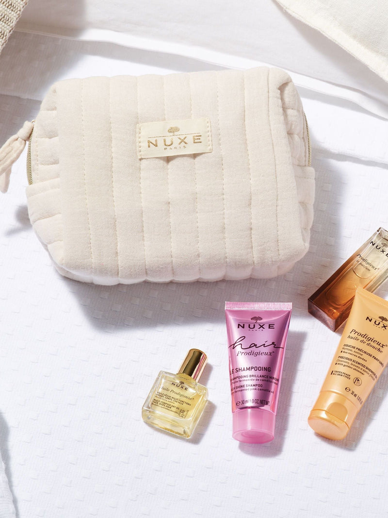 Travel-Sized Scented Beauty Essentials Set with Shower Gel, Perfume, and Shampoo in Eco-Friendly Pouch