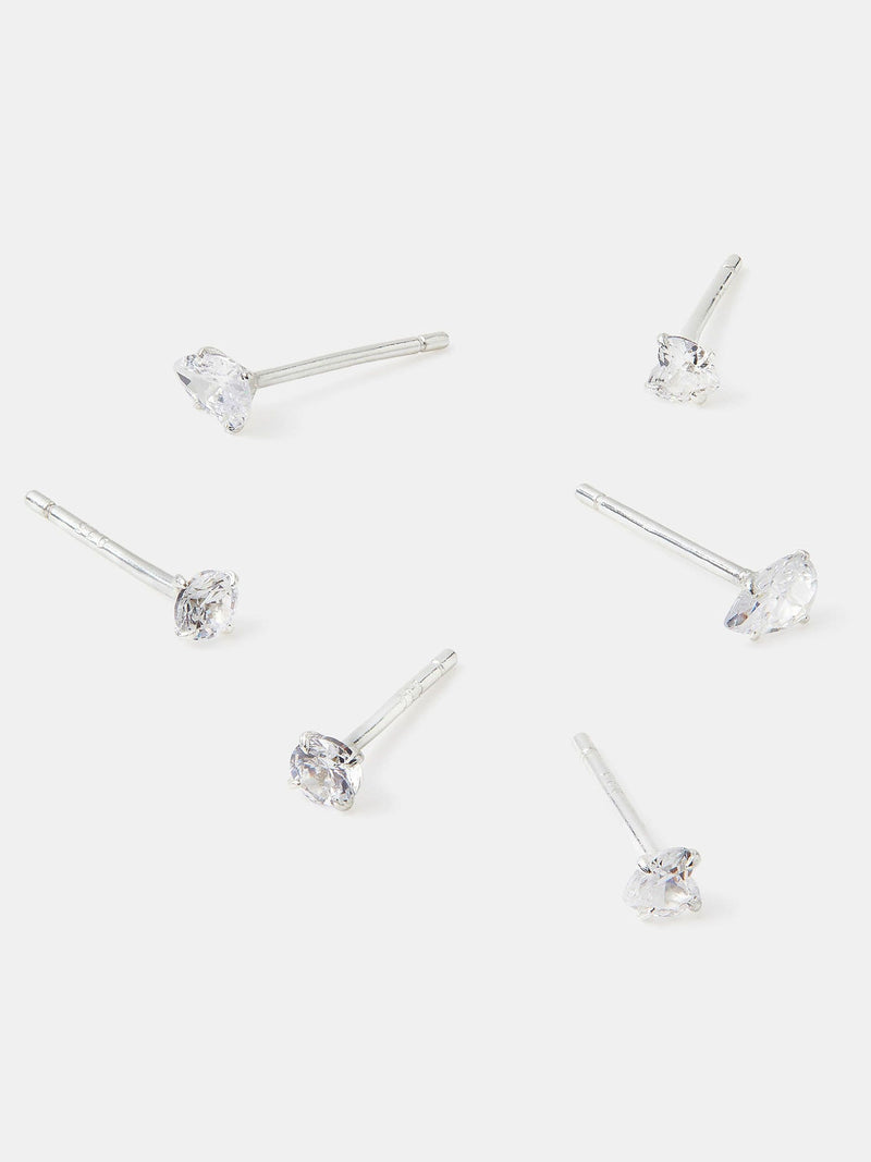 Sterling Silver 3-Pack Diamanté Stud Earrings with Round, Heart, and Pear Finishes