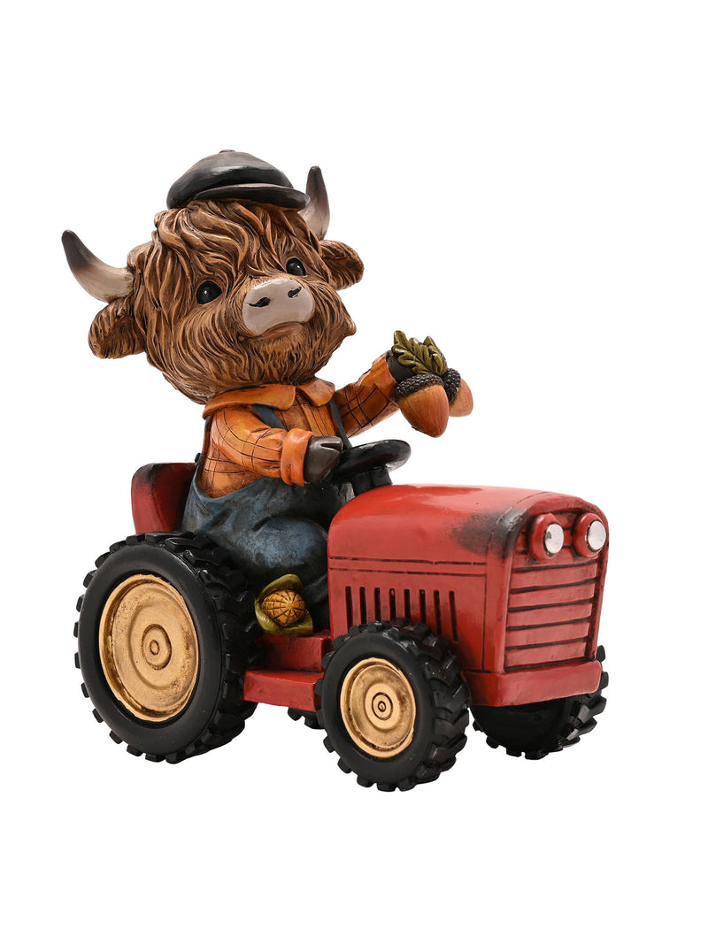 Country Living Brown Highland Cow on Tractor ornament 16cm - British product