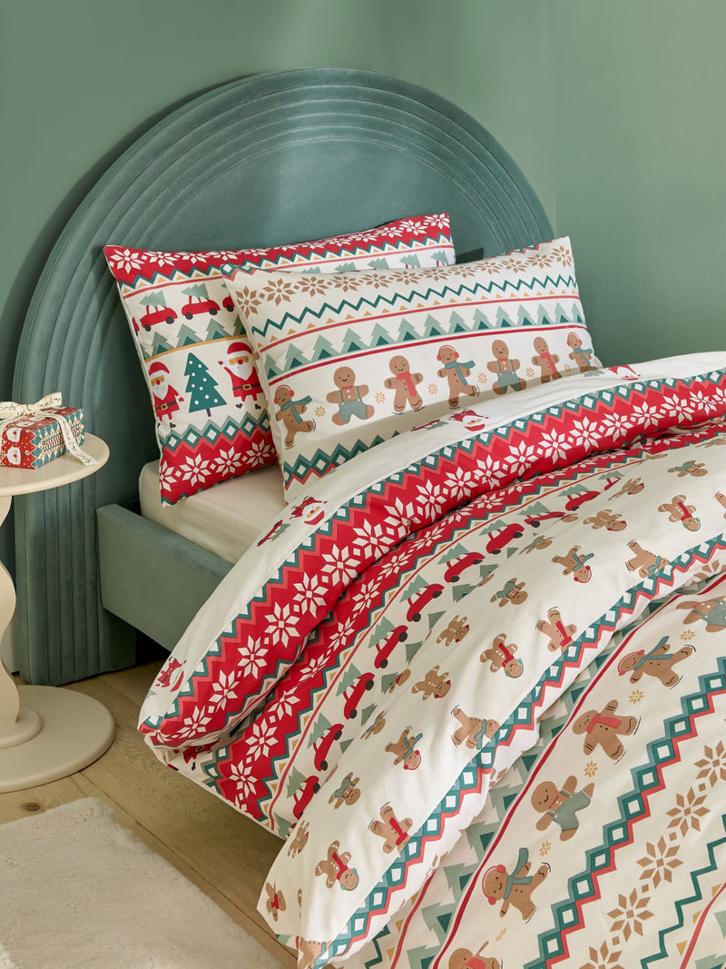 Ecru Red Fairisle Christmas duvet cover and pillowcase set - British product