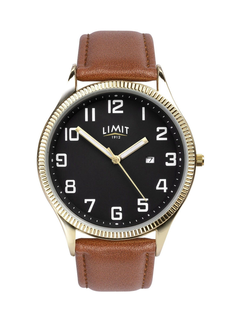Brown analogue watch with round 41mm case and tan strap, UK version