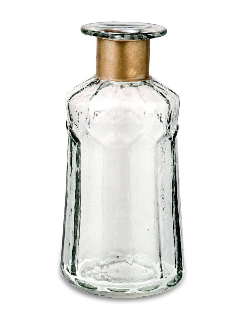 Nkuku Brass Chara Hammered Small Decorative Glass Bottle, imported from the UK