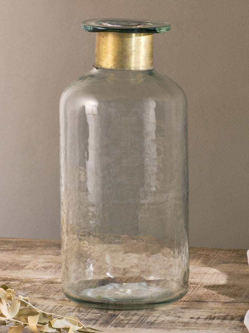 Nkuku Clear Chara hammered glass bottle 39cm height, imported from the UK