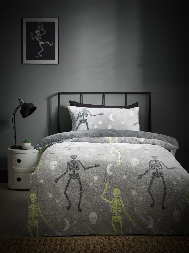Catherine Lansfield Grey Halloween Skeleton Fleece Duvet Cover Set - British product