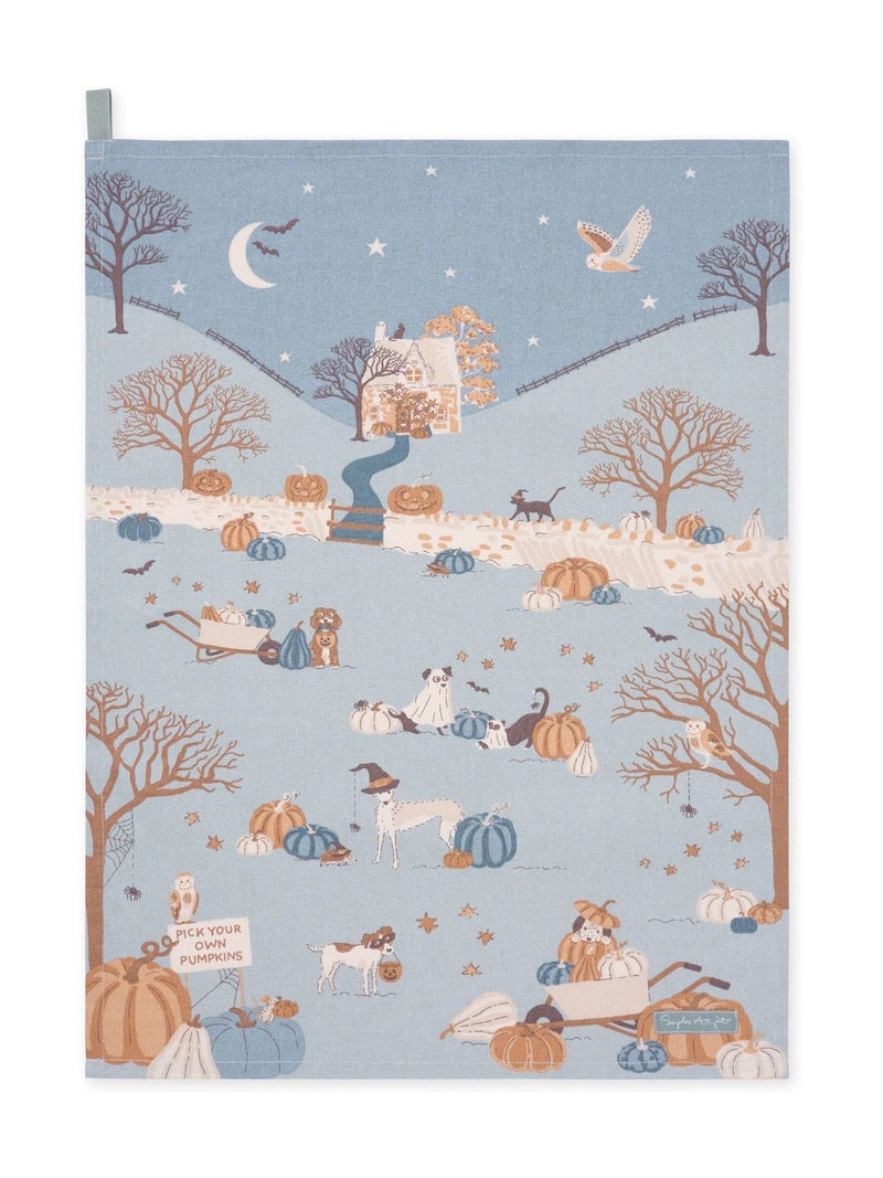 Sophie Allport Soft Teal Paws & Pumpkins Scene Tea Towel