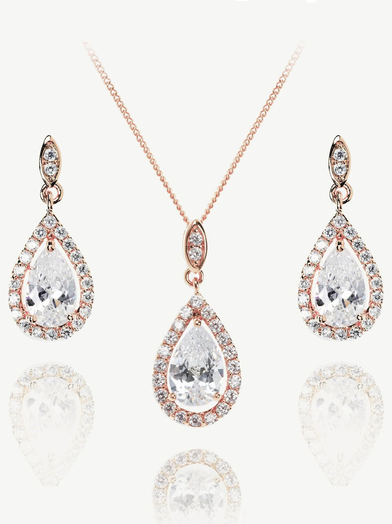 Ivory & Co rose gold and crystal teardrop pendant and earring set, UK version