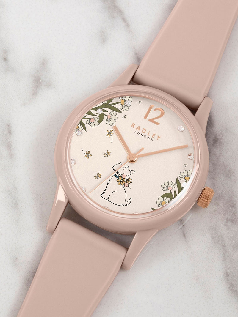 Radley Cobweb Pink Ladies Silicone Strap Floral Dog Dial Watch, imported from the UK