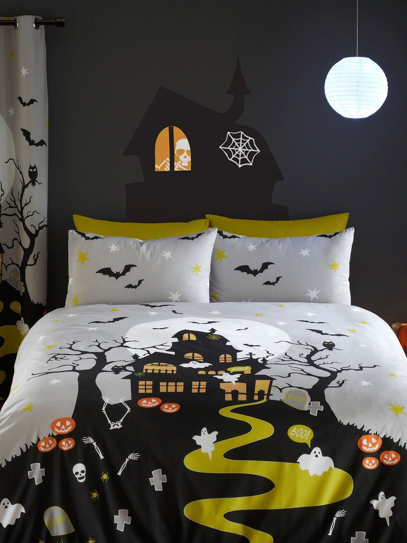 Grey haunted house glow in the dark duvet cover set - British product