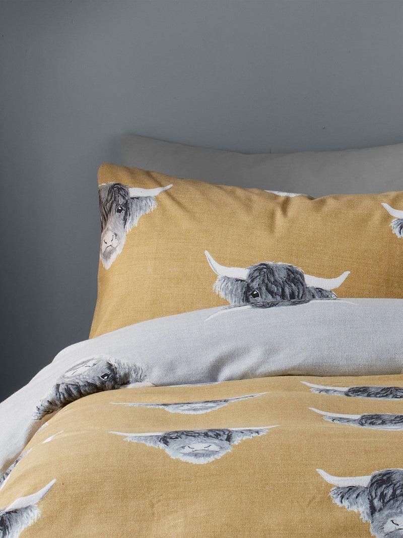 Fusion Yellow Highland Cow brushed duvet cover set - British product